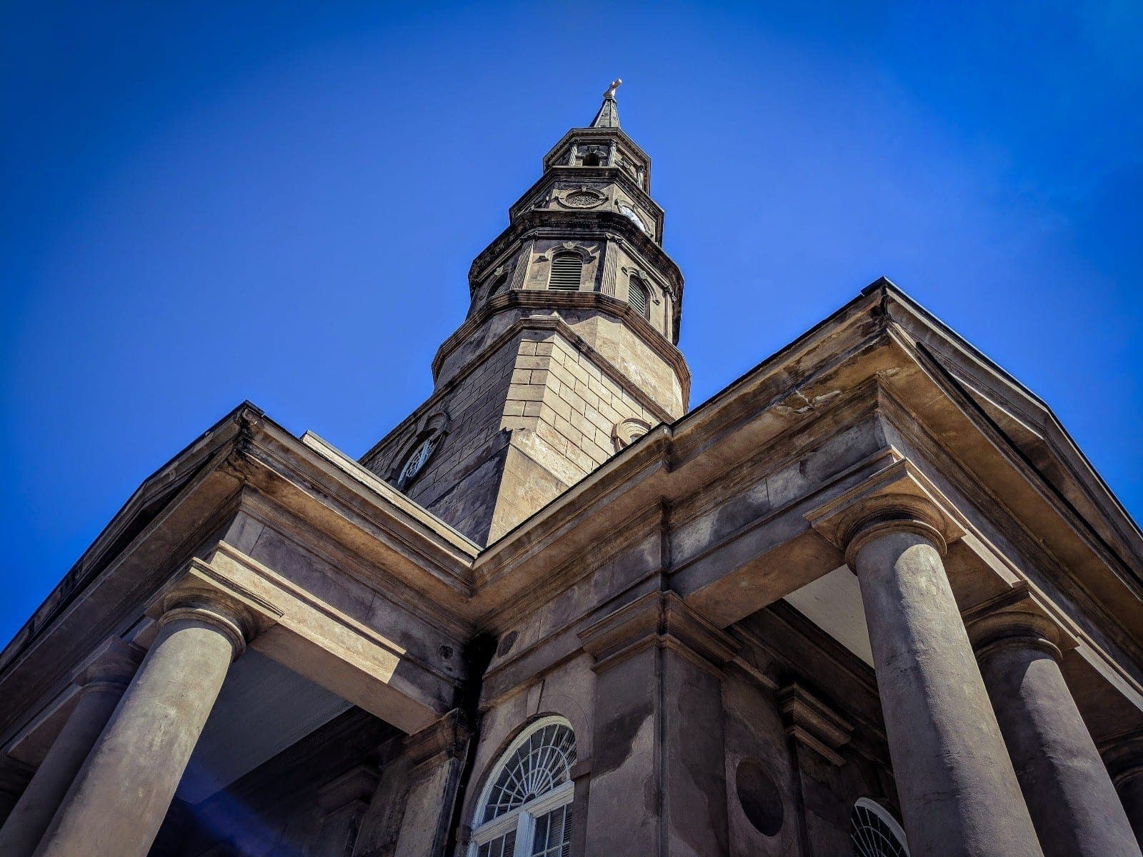 Charleston church steeple against a clear sky