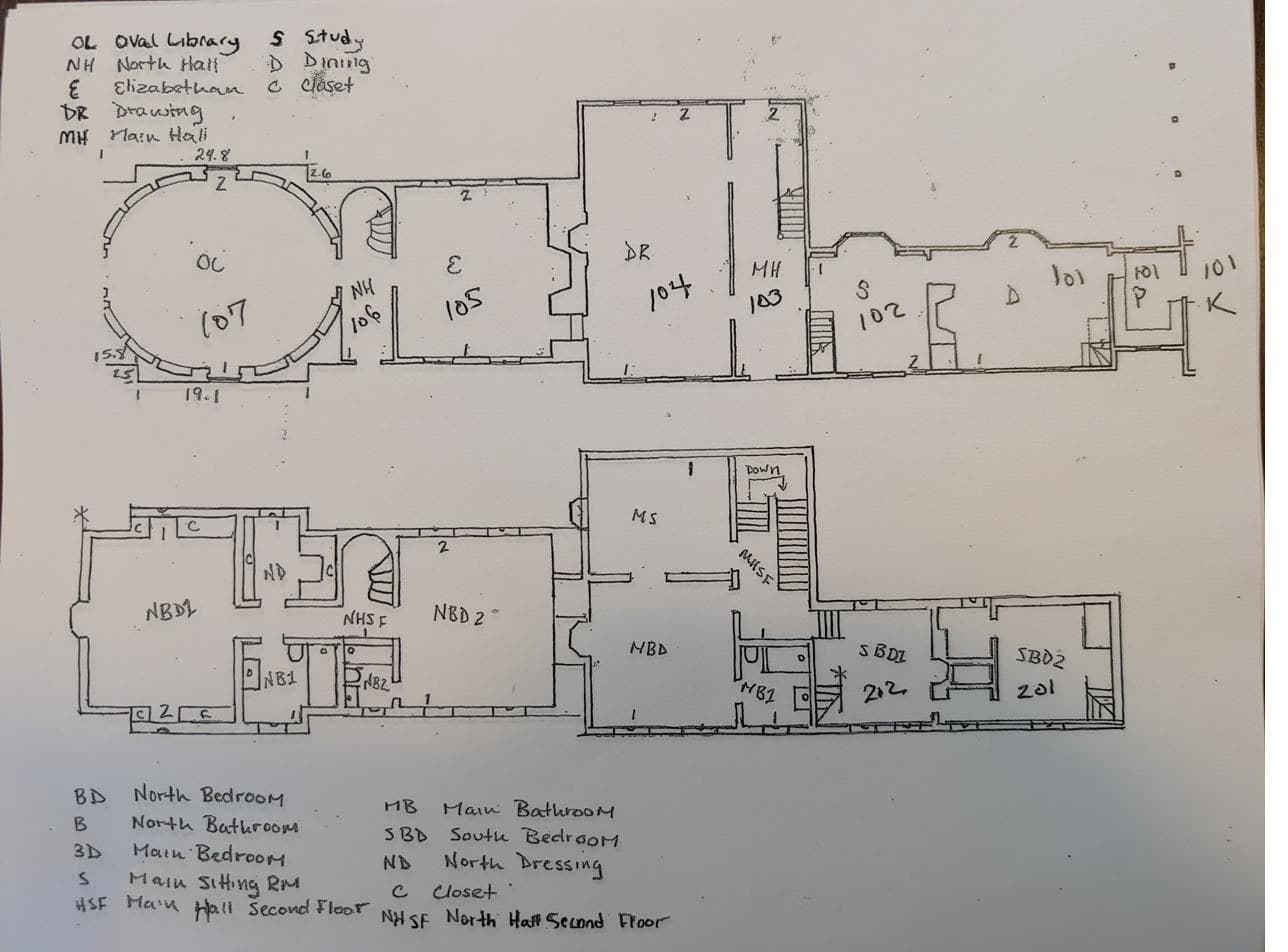 Field floor plan recovered during the survey, keying every window to its room