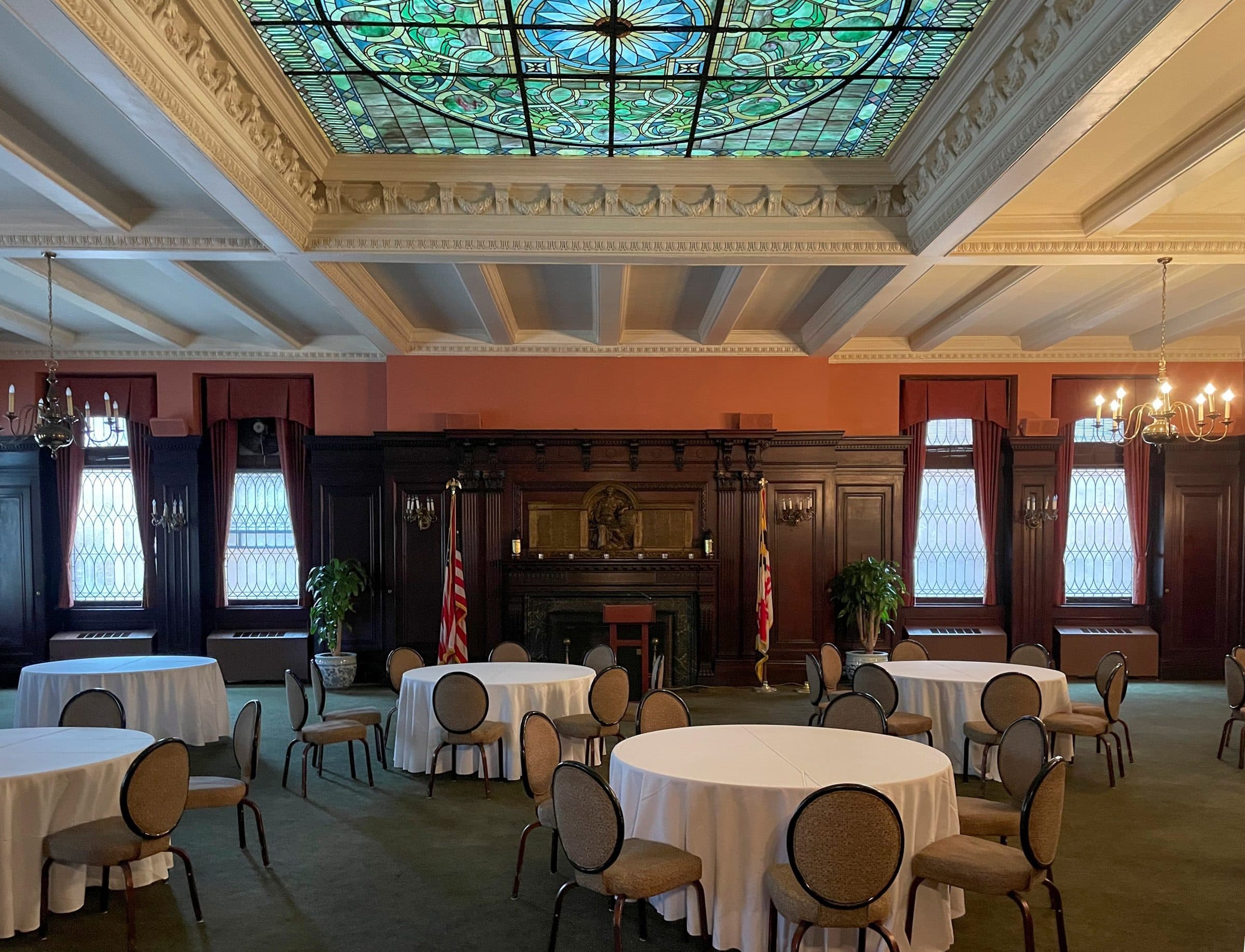Dining room beneath the leaded glass ceiling