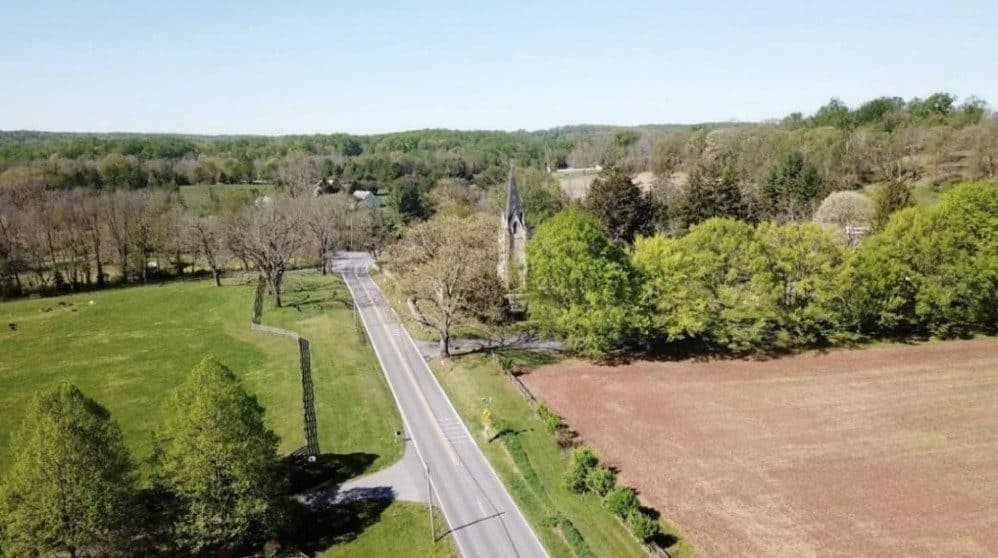 Aerial view of St. John's Church and its rural Baltimore County setting